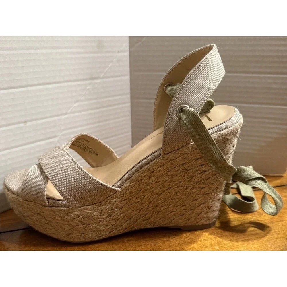 Lulus Sandals Womens 7.5 Esme Lace Up Espadrille Wedge Heels Straps Beige Canvas